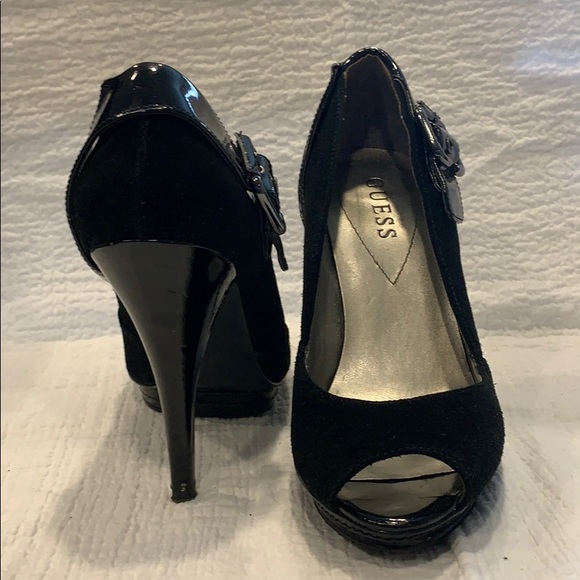 Black suede buckled 4 inch Heels with peekaboo toe - Picture 2 of 3